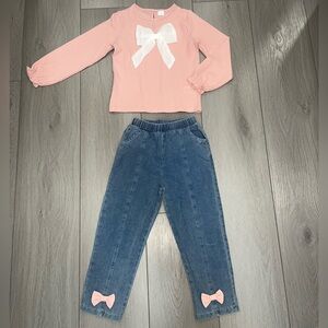 Pink Top and Blue Jeans Set with Bows